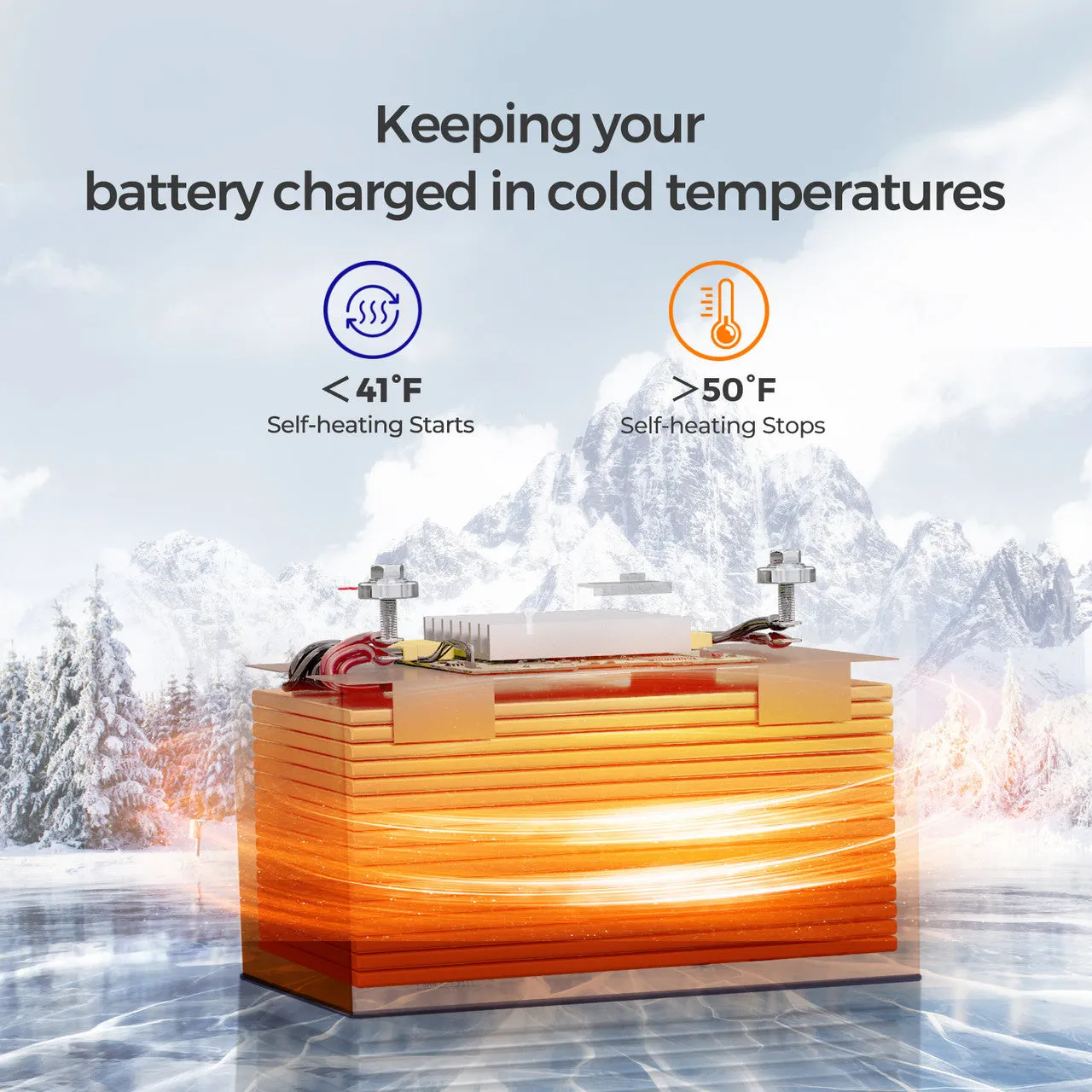 12V 100Ah Smart Lithium Iron Phosphate Battery w/ Self-Heating Function