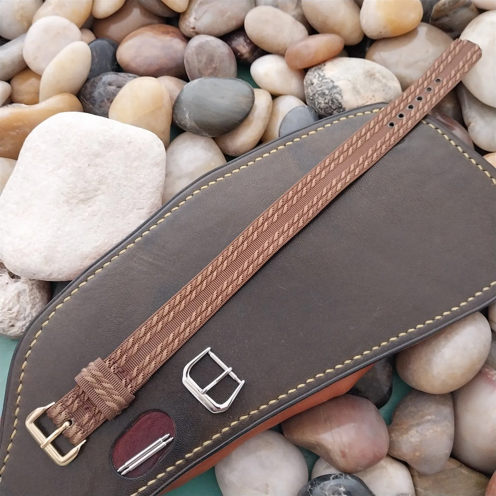 16mm Brown Patterned Nylon 1-Piece Slip-Through Unused 1950s Vintage Watch Band