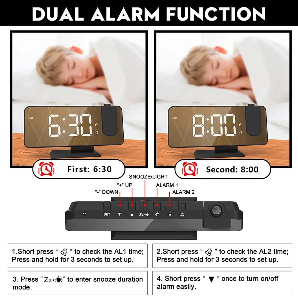 180° Time Projection LED Digital Smart Alarm Clock Watch Table Electronic Desktop Clocks USB Wake Up Bedroom Bedside Clock