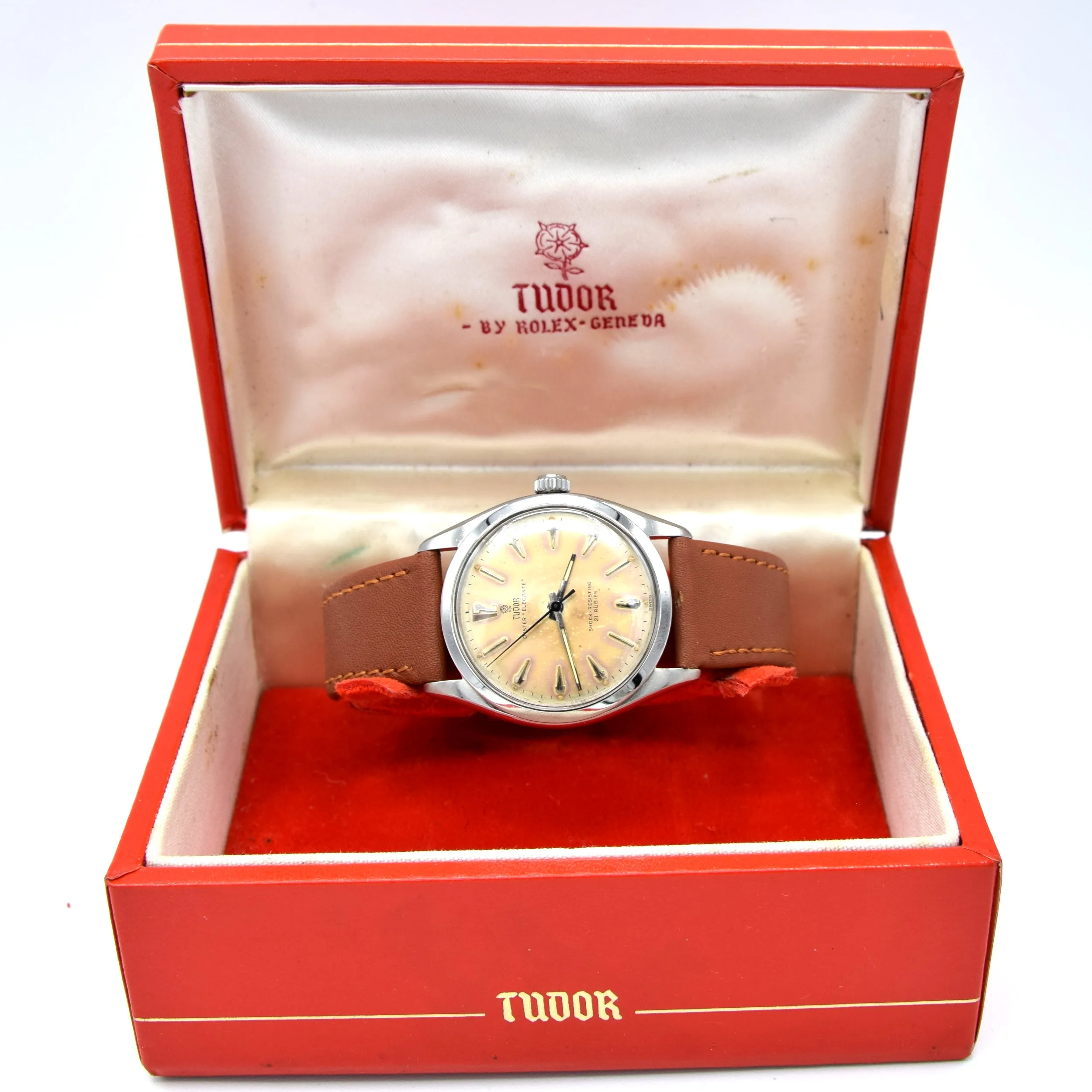 1957 Tudor Oyster 'Elegante' Wristwatch Model 7960 with rare patina Dial in Stainless Steel   Box