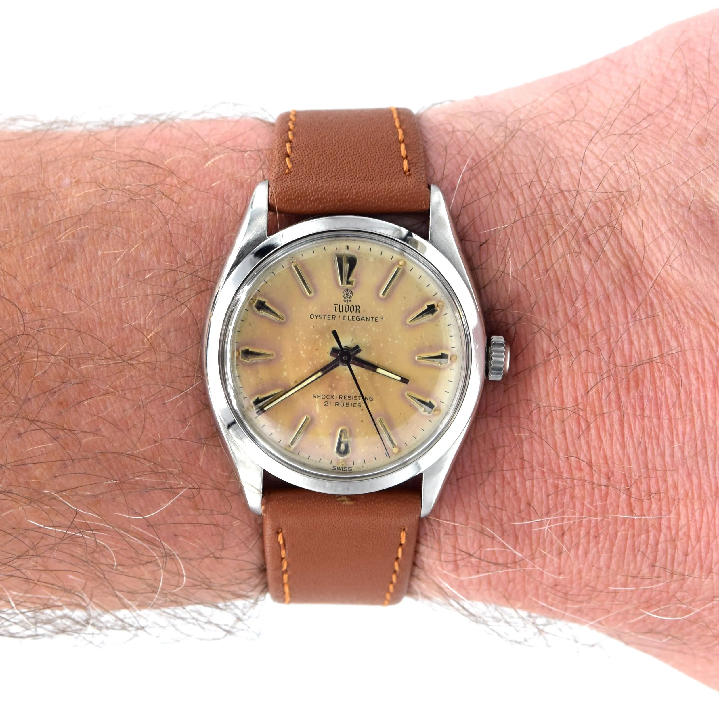 1957 Tudor Oyster 'Elegante' Wristwatch Model 7960 with rare patina Dial in Stainless Steel   Box