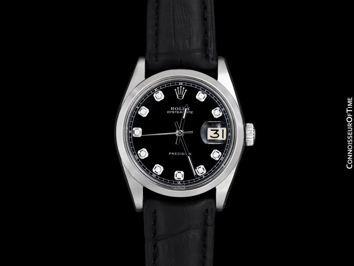 1963 Rolex Oysterdate Mens Vintage Ref. 6694 Date Watch with Black Dial - Stainless Steel & Diamonds