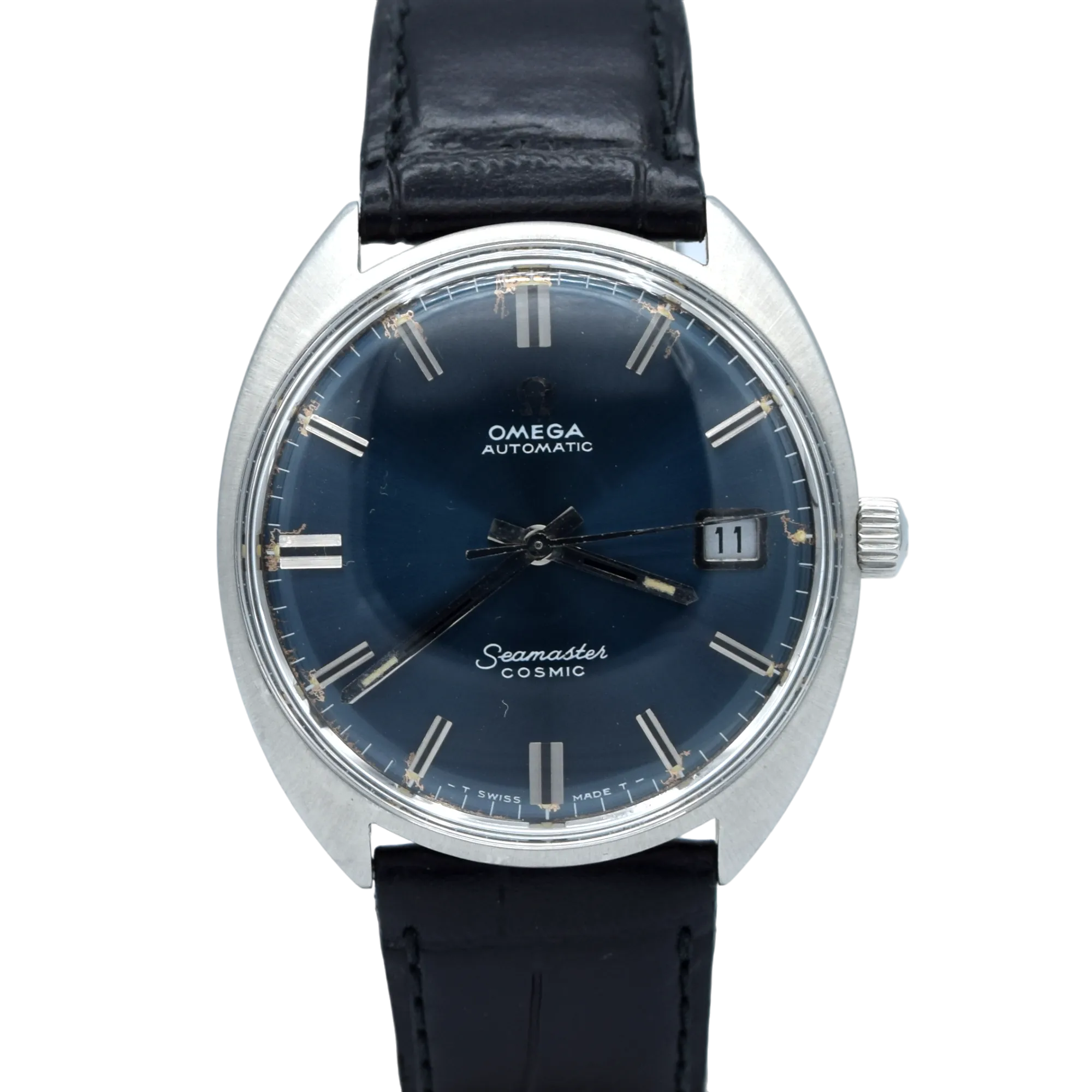 1969 Omega automatic cosmic date Model 166.026 in Stainless Steel Monocoque case with blue dial