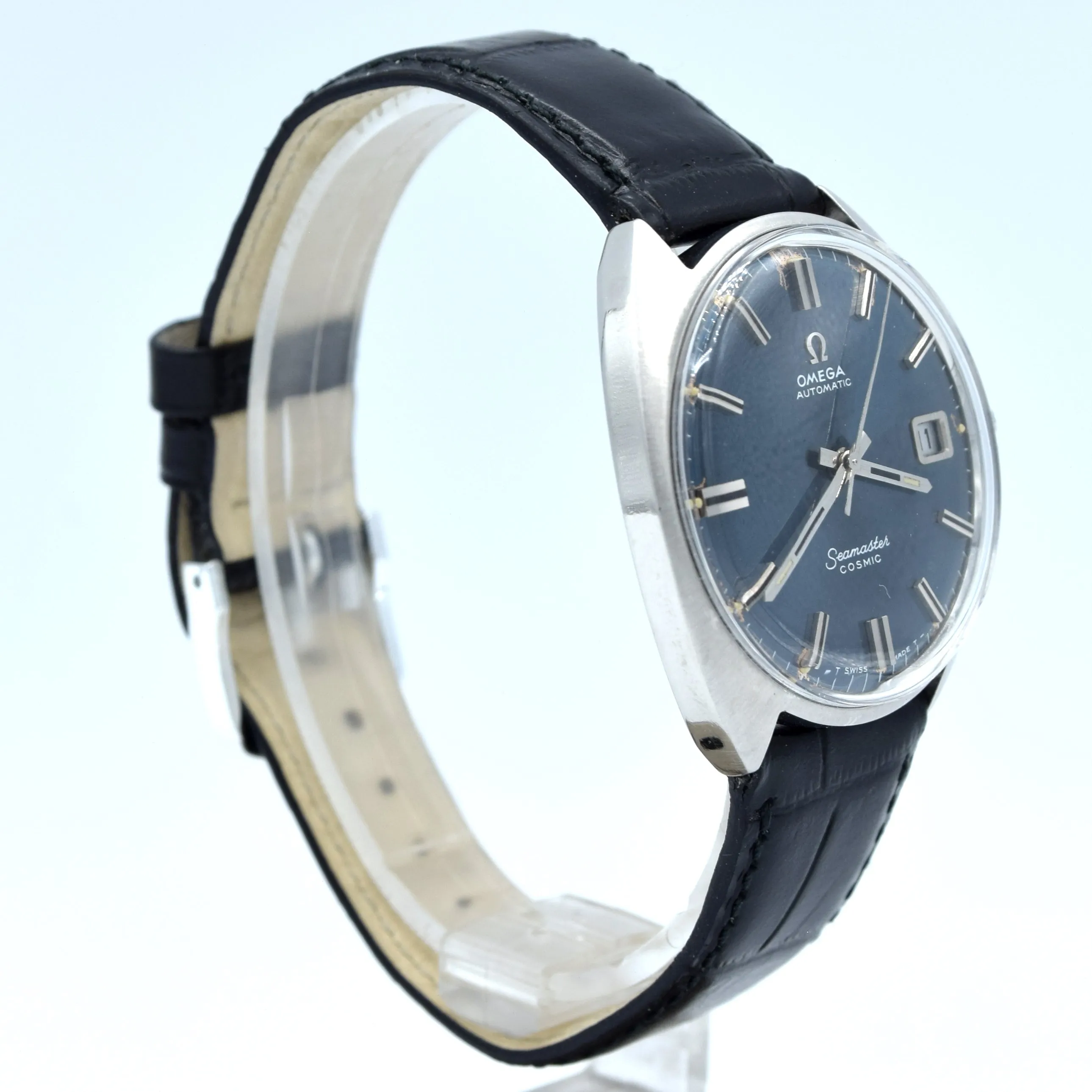 1969 Omega automatic cosmic date Model 166.026 in Stainless Steel Monocoque case with blue dial