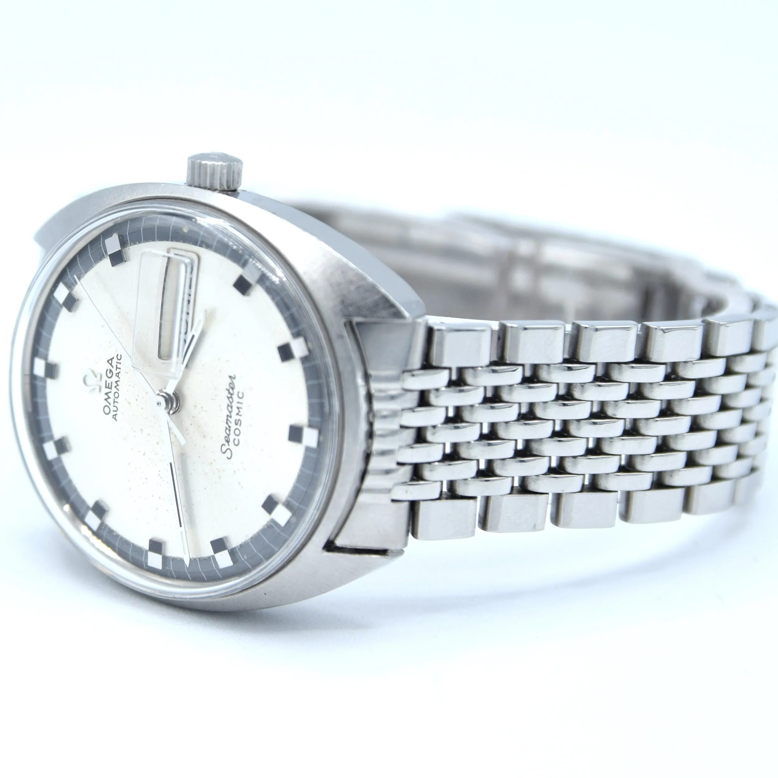 1969 Omega Seamaster Cosmic Day/Date Model 166.036 in Stainless Steel Monocoque Case on Beads of Rice Bracelet