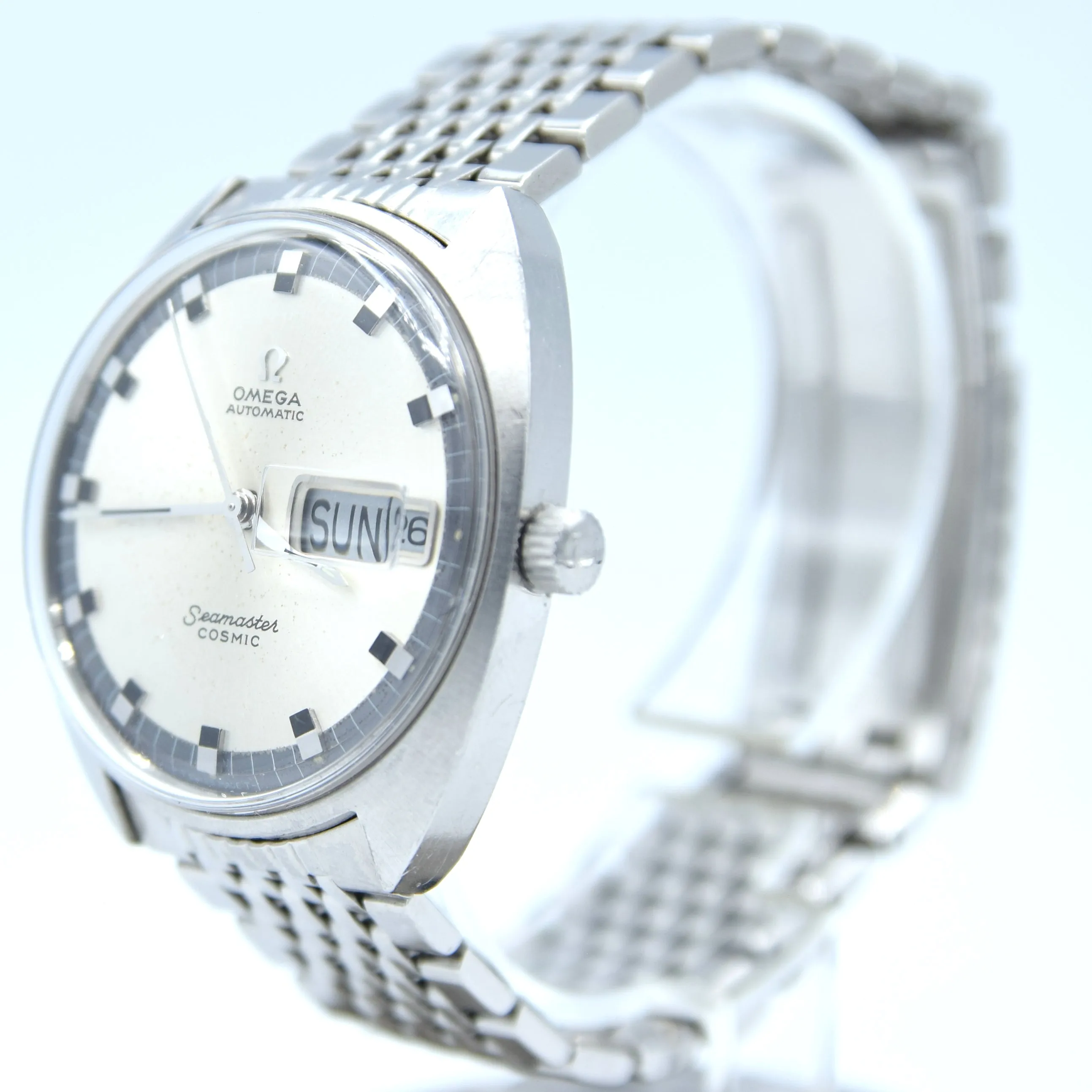1969 Omega Seamaster Cosmic Day/Date Model 166.036 in Stainless Steel Monocoque Case on Beads of Rice Bracelet