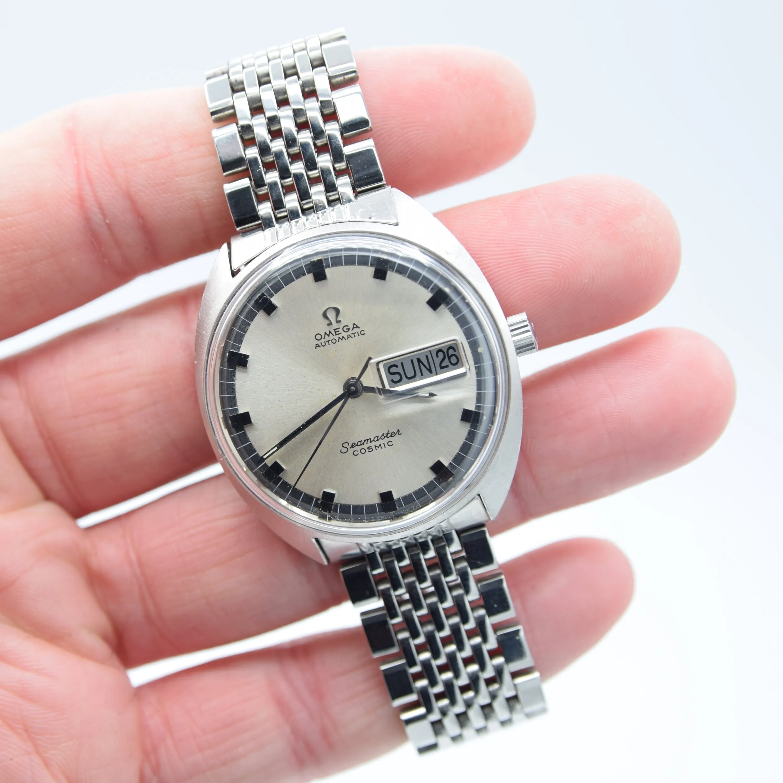 1969 Omega Seamaster Cosmic Day/Date Model 166.036 in Stainless Steel Monocoque Case on Beads of Rice Bracelet