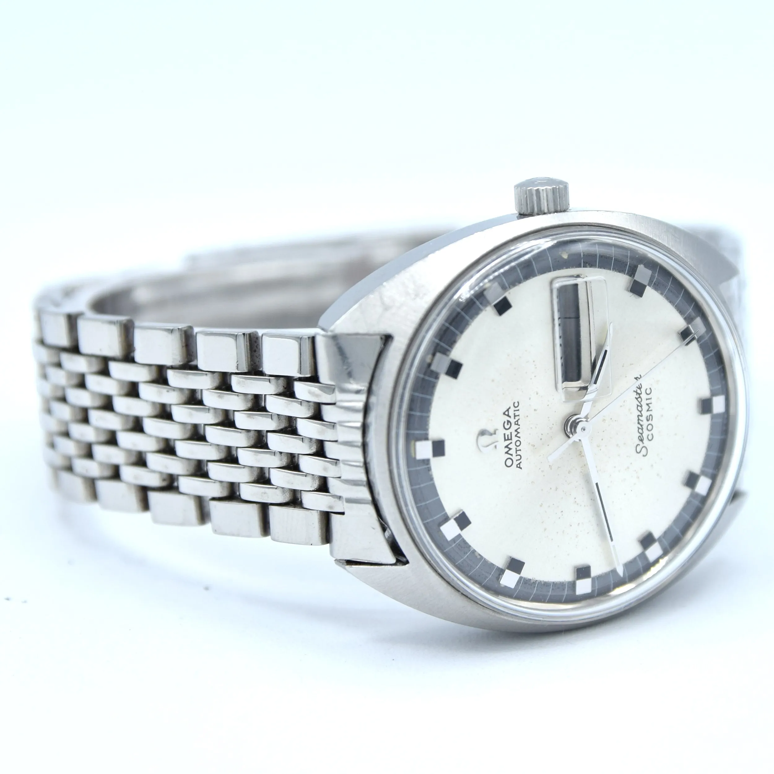 1969 Omega Seamaster Cosmic Day/Date Model 166.036 in Stainless Steel Monocoque Case on Beads of Rice Bracelet