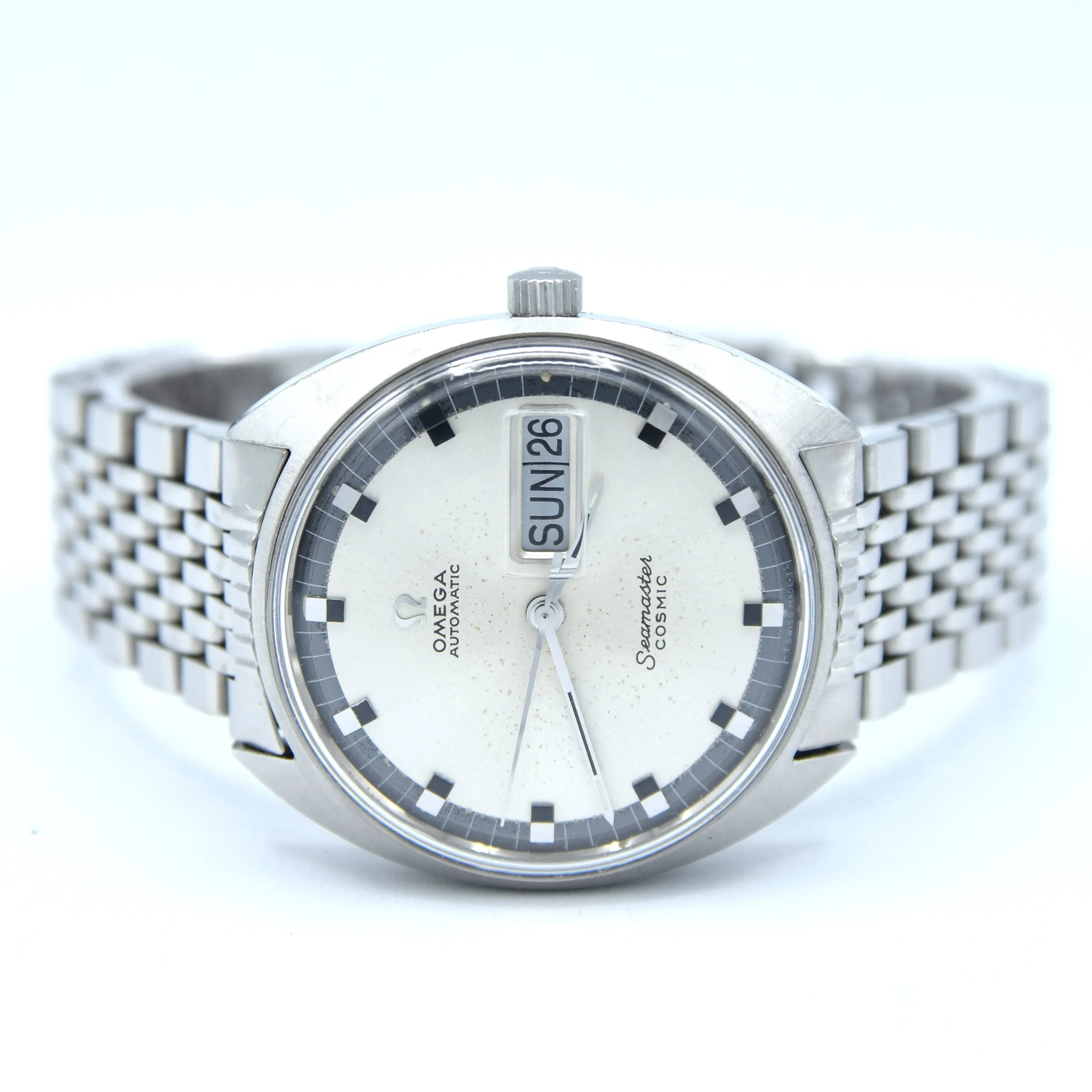 1969 Omega Seamaster Cosmic Day/Date Model 166.036 in Stainless Steel Monocoque Case on Beads of Rice Bracelet