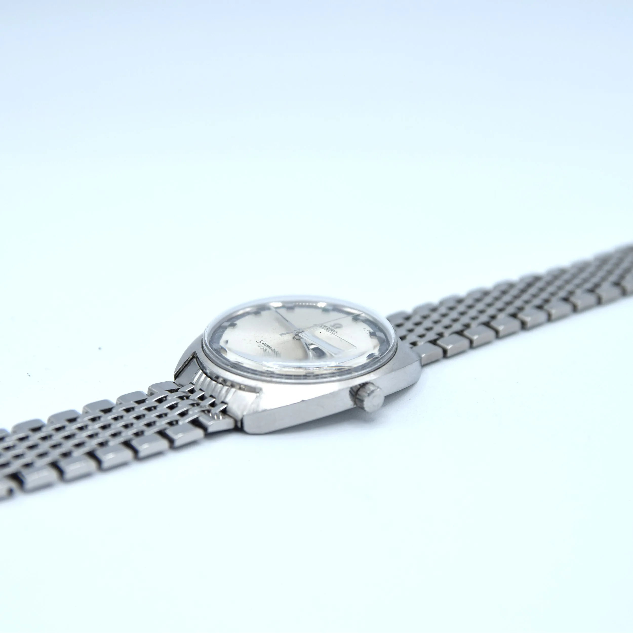 1969 Omega Seamaster Cosmic Day/Date Model 166.036 in Stainless Steel Monocoque Case on Beads of Rice Bracelet
