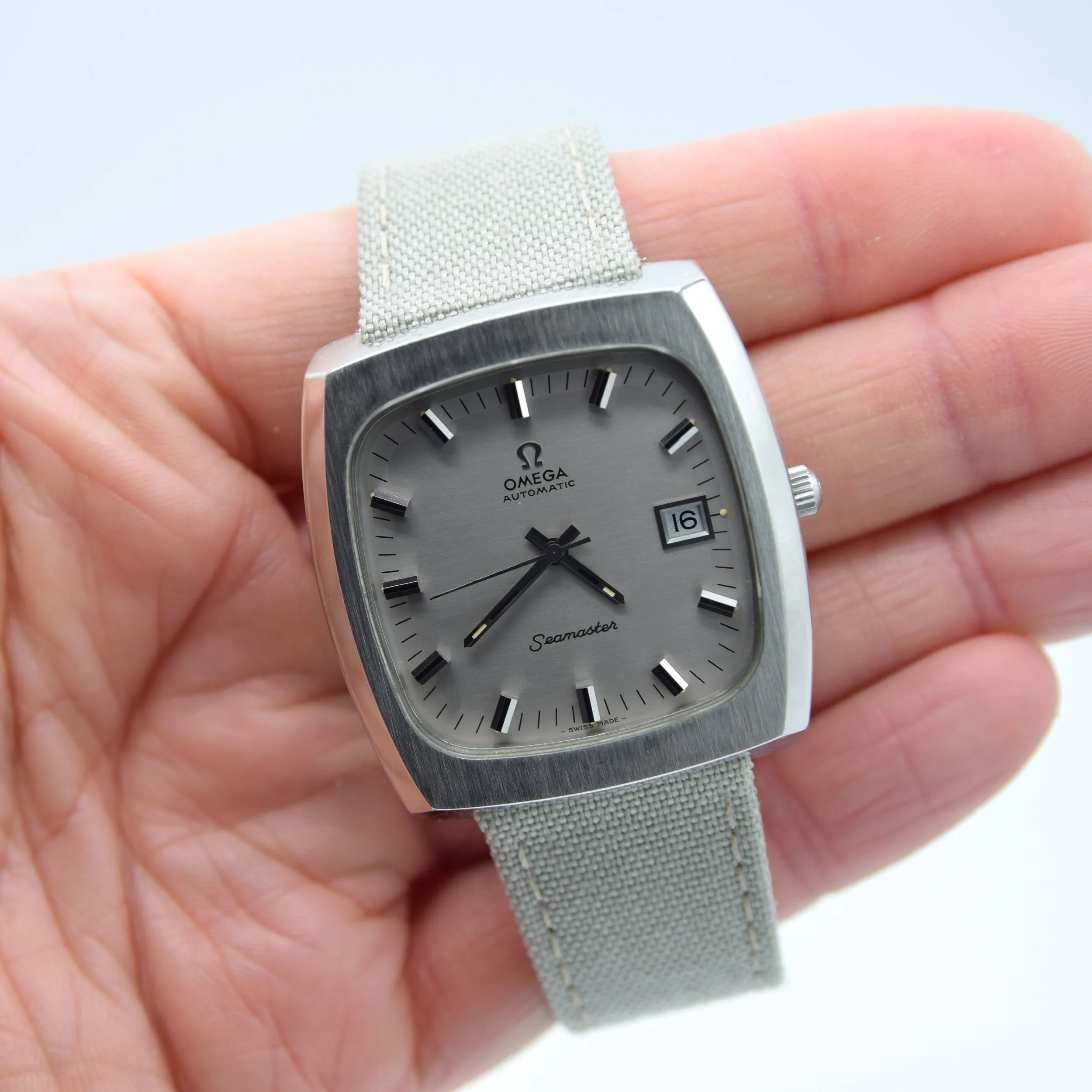 1973 Large Square Omega Seamaster Automatic Date Model 166.0138 in Stainless Steel