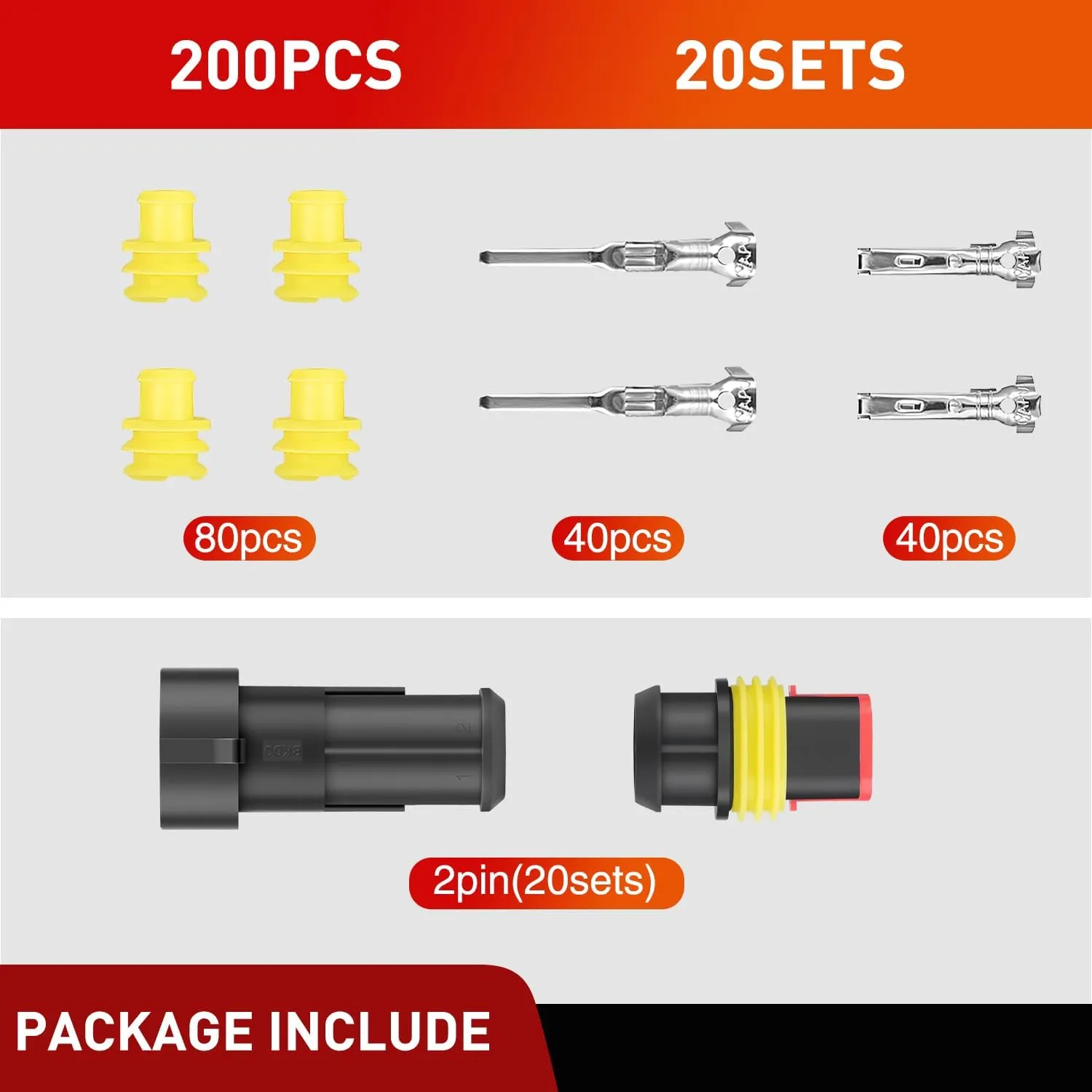 200PCS 2 Pin Electrical Connector Plug Male Female Terminal Wire Connector