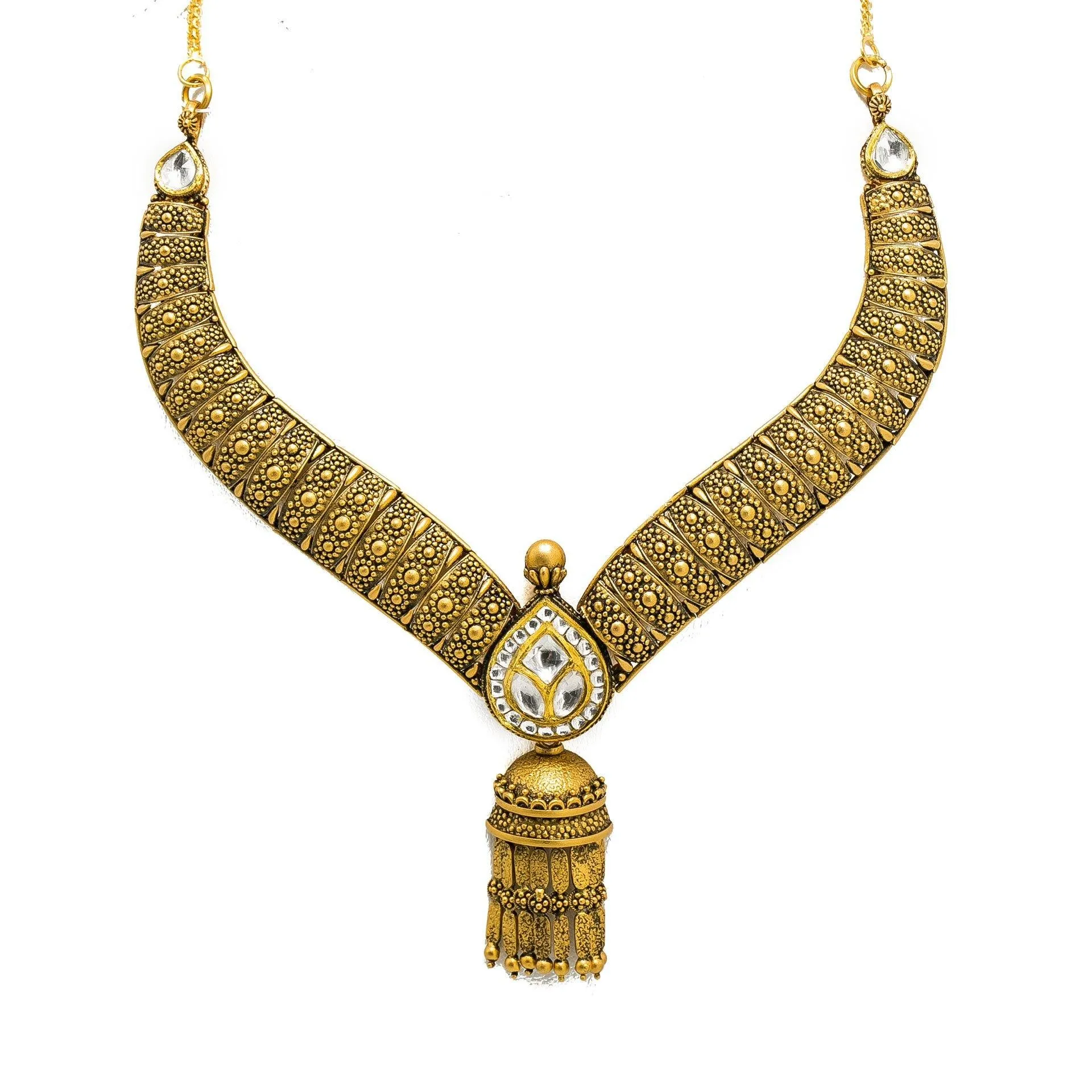 22K Yellow Gold Necklace & Jhumki Earring Set W/ Kundan on Pear Shape Accents & Raining Jhumki Designs