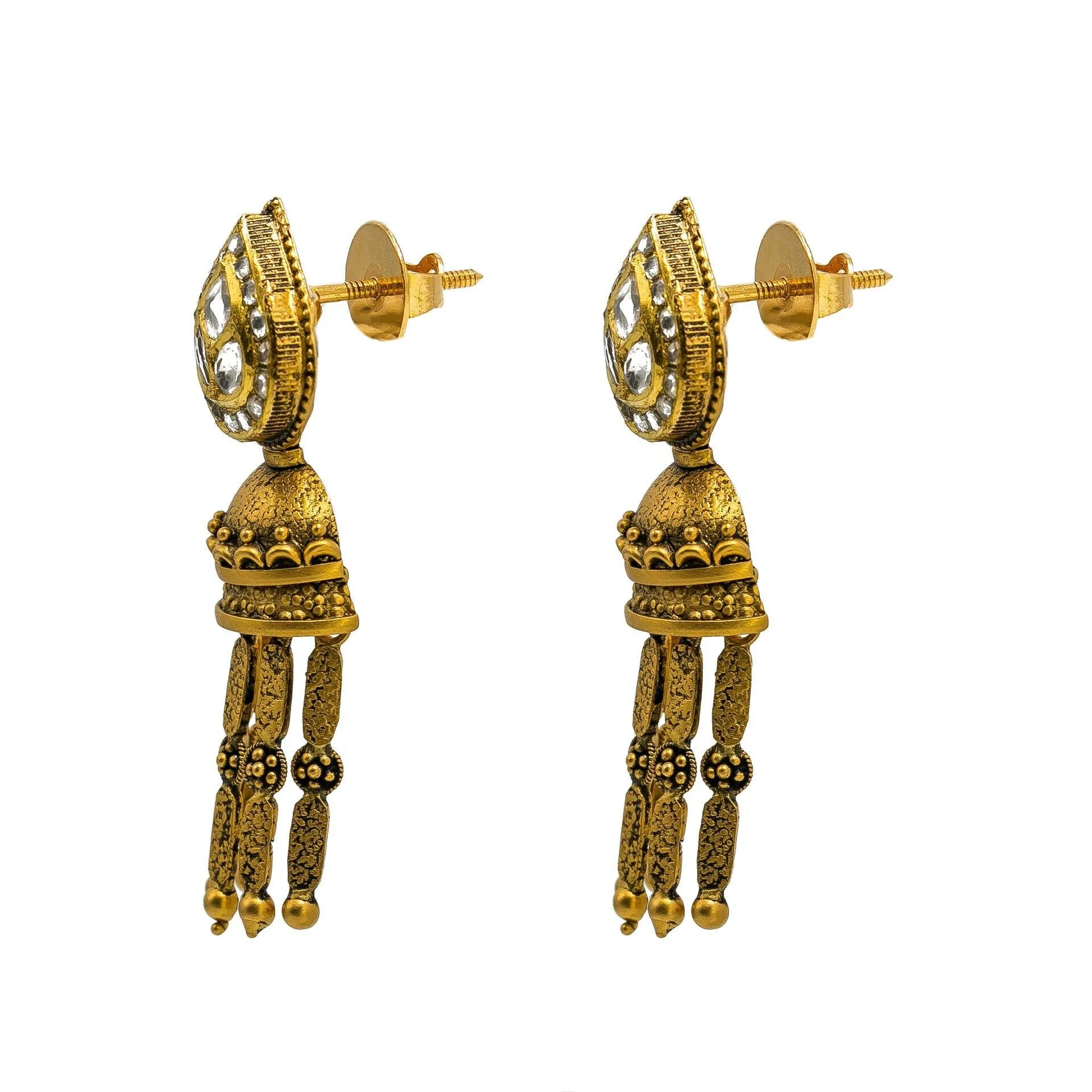 22K Yellow Gold Necklace & Jhumki Earring Set W/ Kundan on Pear Shape Accents & Raining Jhumki Designs