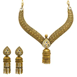 22K Yellow Gold Necklace & Jhumki Earring Set W/ Kundan on Pear Shape Accents & Raining Jhumki Designs