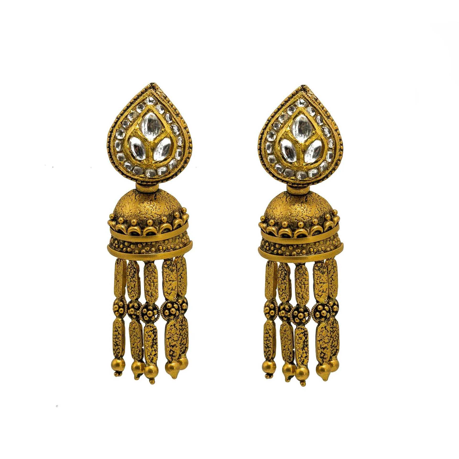 22K Yellow Gold Necklace & Jhumki Earring Set W/ Kundan on Pear Shape Accents & Raining Jhumki Designs