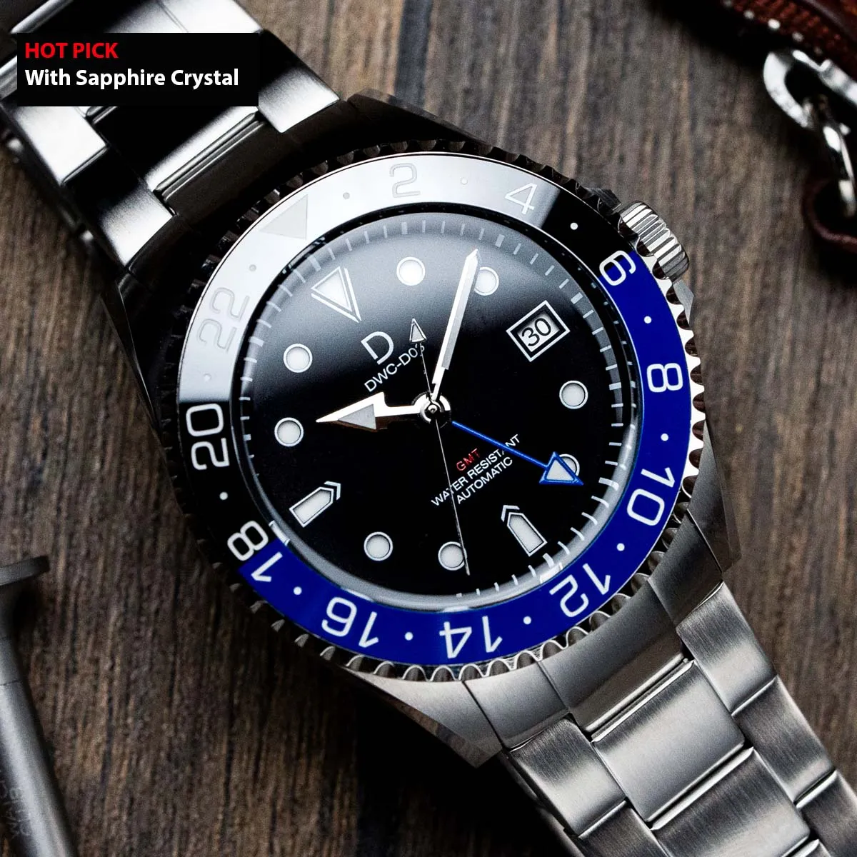 42mm "Batman" Diver Dress GMT Watch Kit | NH34 GMT Dive Watch | Stainless Stain Bracelet | Ceramic Blue-Black GMT Bezel | DWC-D03