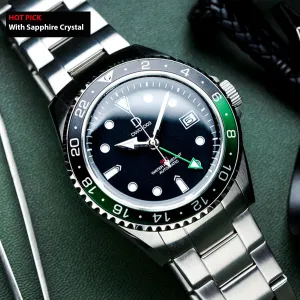 42mm "Sprite" Diver Dress GMT Watch Kit | NH34 GMT Dive Watch | Stainless Stain Bracelet | Green-Black GMT Bezel | DWC-D03