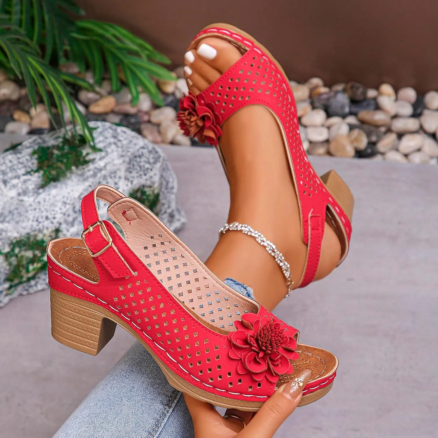Block Heel Sandals for Women Fashion Orthopedic Sandals Breathable Hollow Out Floral Decor Sandal Summer Open Toe Ankle Buckle Strap Chunky Non Slip Dress Shoes with Arch Support
