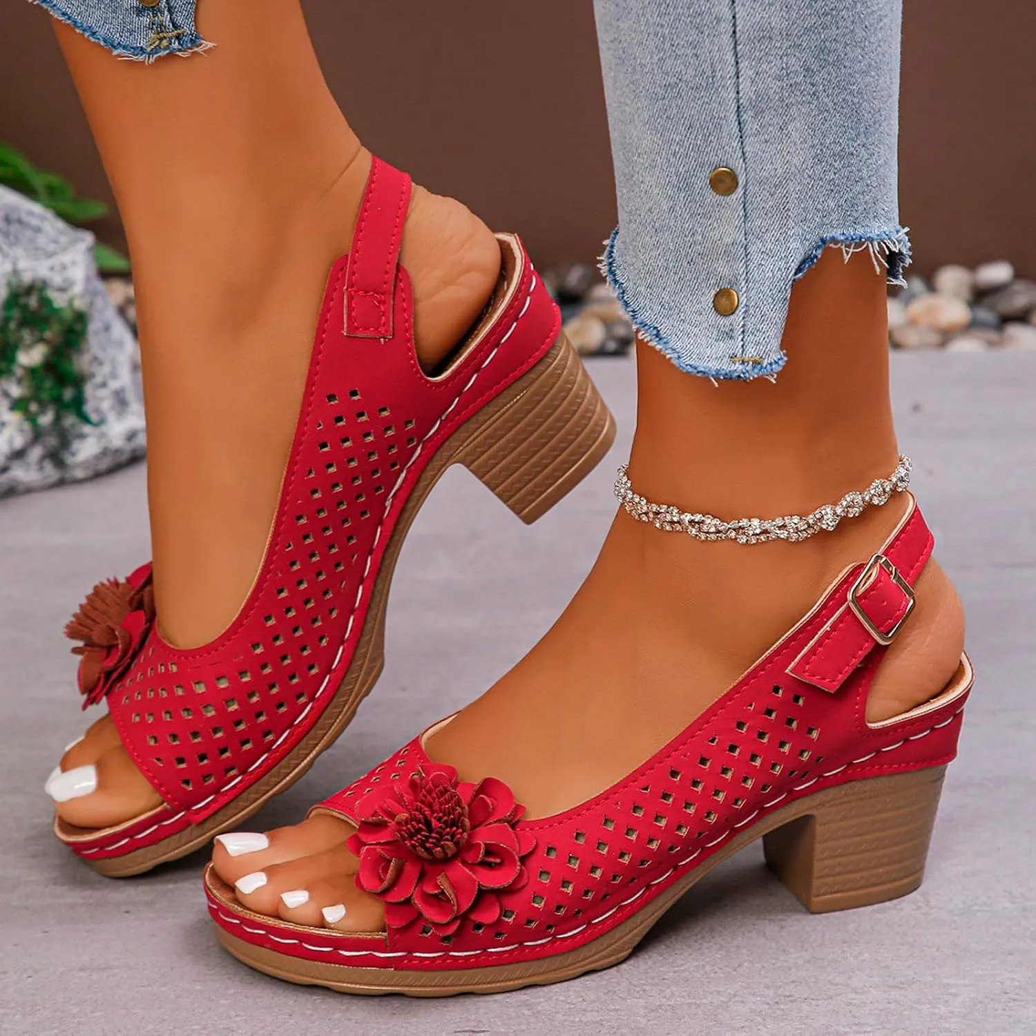 Block Heel Sandals for Women Fashion Orthopedic Sandals Breathable Hollow Out Floral Decor Sandal Summer Open Toe Ankle Buckle Strap Chunky Non Slip Dress Shoes with Arch Support