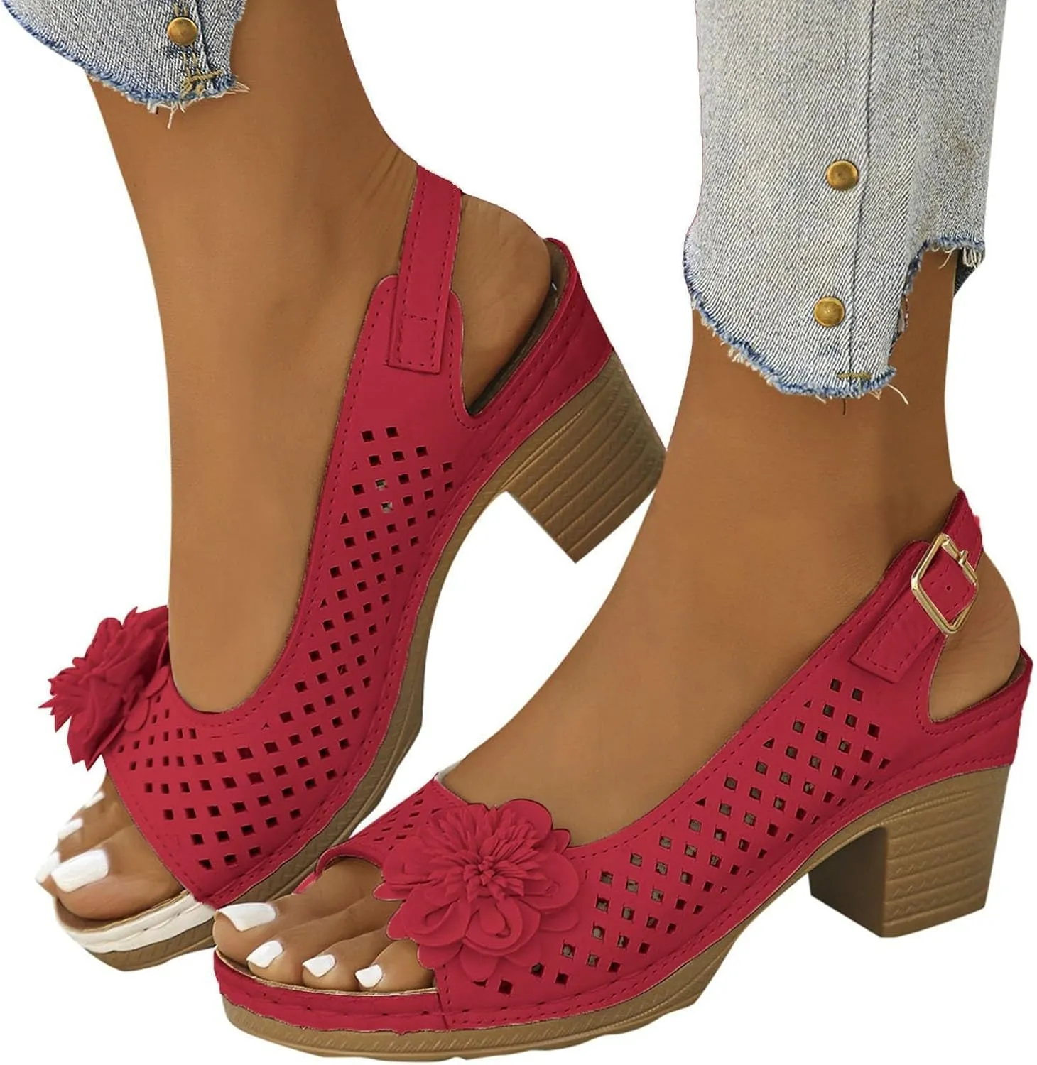 Block Heel Sandals for Women Fashion Orthopedic Sandals Breathable Hollow Out Floral Decor Sandal Summer Open Toe Ankle Buckle Strap Chunky Non Slip Dress Shoes with Arch Support