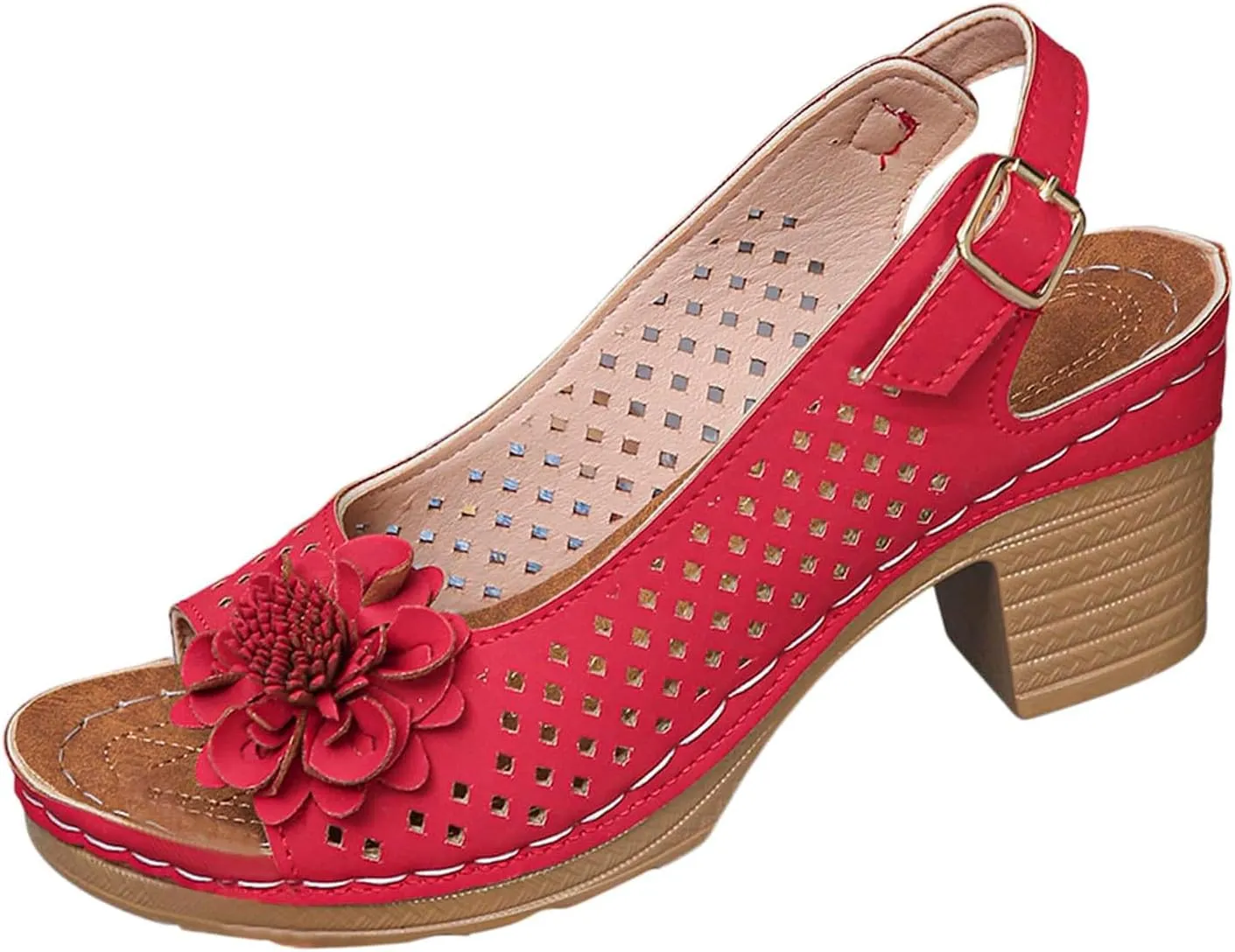 Block Heel Sandals for Women Fashion Orthopedic Sandals Breathable Hollow Out Floral Decor Sandal Summer Open Toe Ankle Buckle Strap Chunky Non Slip Dress Shoes with Arch Support