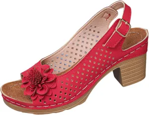 Block Heel Sandals for Women Fashion Orthopedic Sandals Breathable Hollow Out Floral Decor Sandal Summer Open Toe Ankle Buckle Strap Chunky Non Slip Dress Shoes with Arch Support