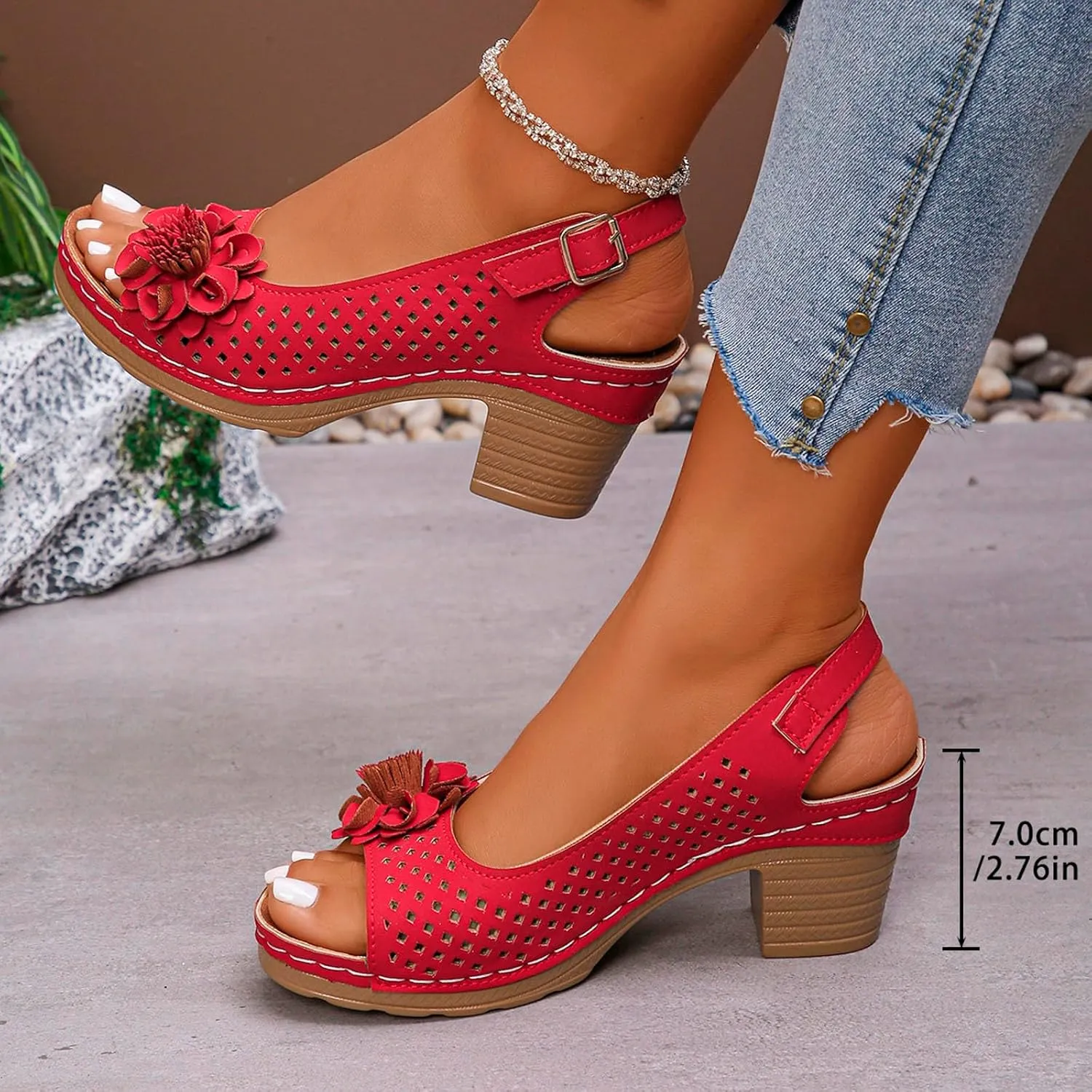 Block Heel Sandals for Women Fashion Orthopedic Sandals Breathable Hollow Out Floral Decor Sandal Summer Open Toe Ankle Buckle Strap Chunky Non Slip Dress Shoes with Arch Support