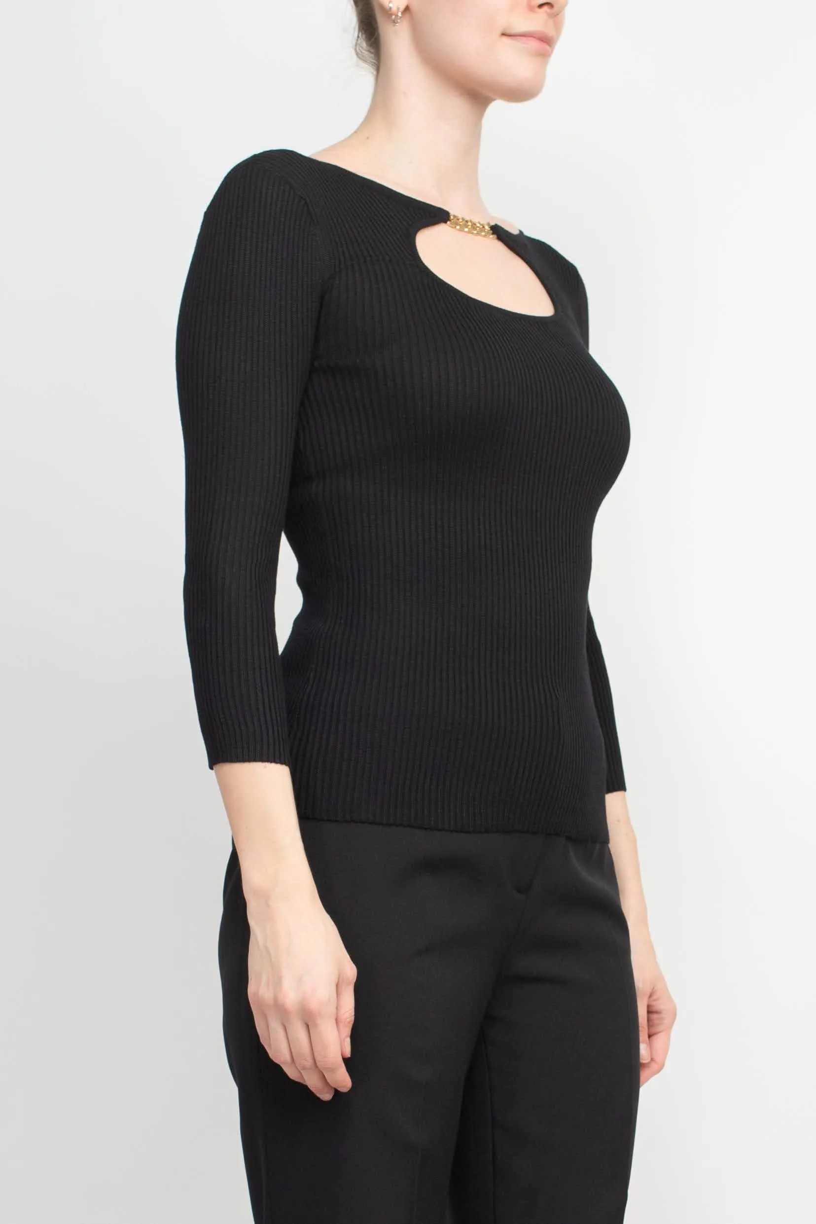 Boat Neck Gold Metal Chain 3/4 Sleeve Ribbed Cutout Front Knit Top