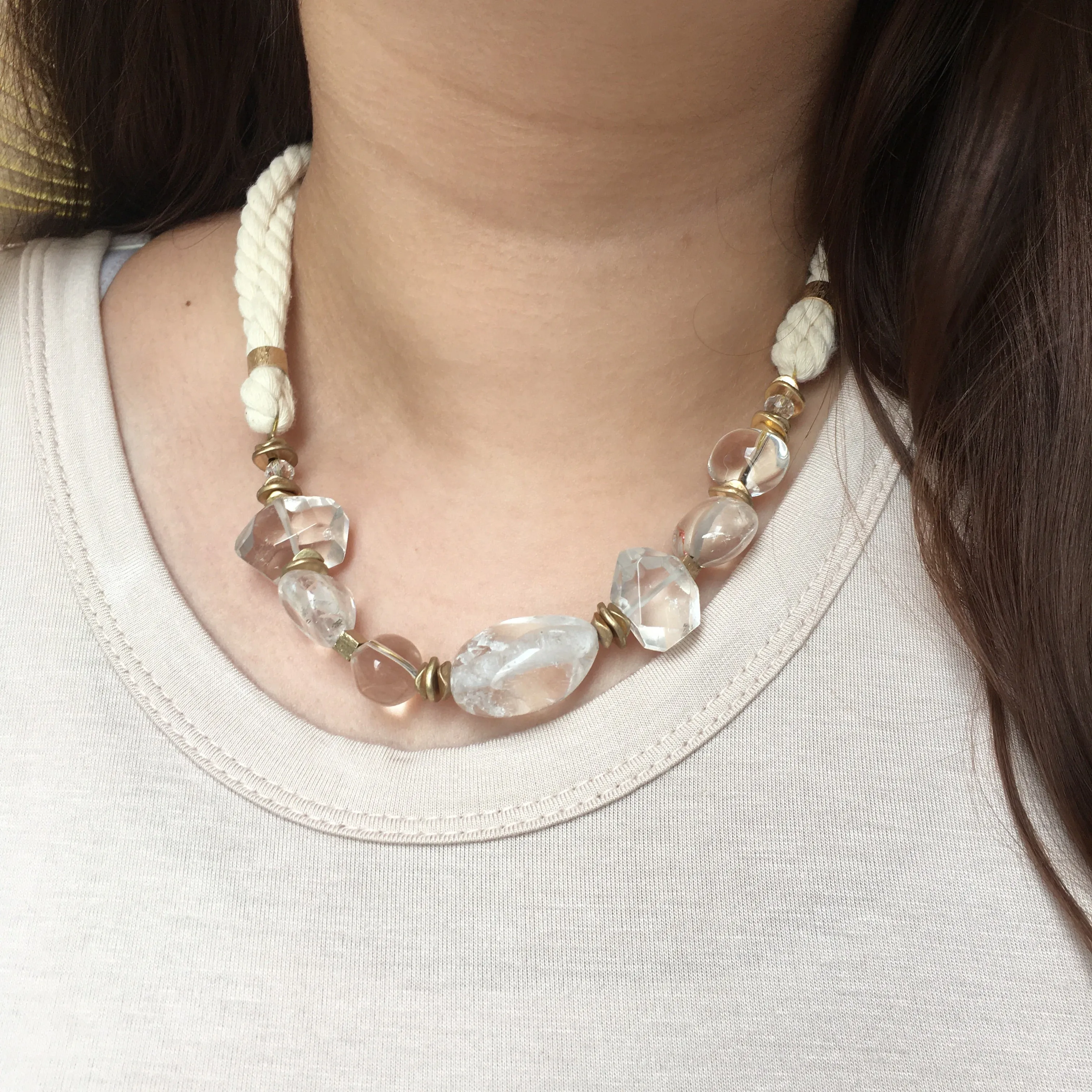 Clear Stone & Gold On Rope Necklace