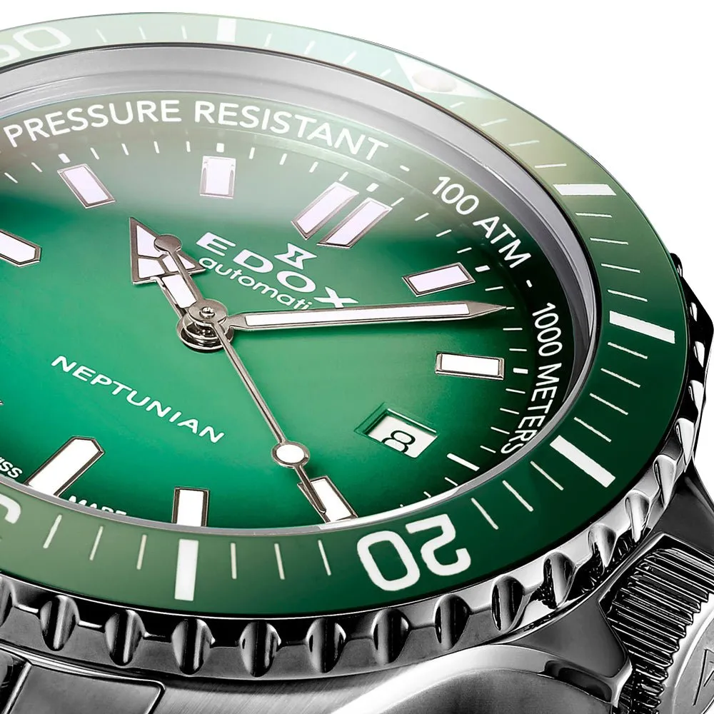 Edox Neptunian Automatic Stainless Steel Green Dial Date Divers Mens Watch 80120-3VM-VDN1