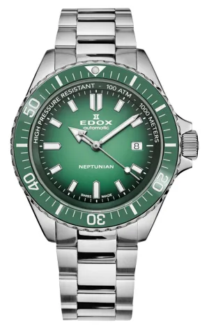 Edox Neptunian Automatic Stainless Steel Green Dial Date Divers Mens Watch 80120-3VM-VDN1