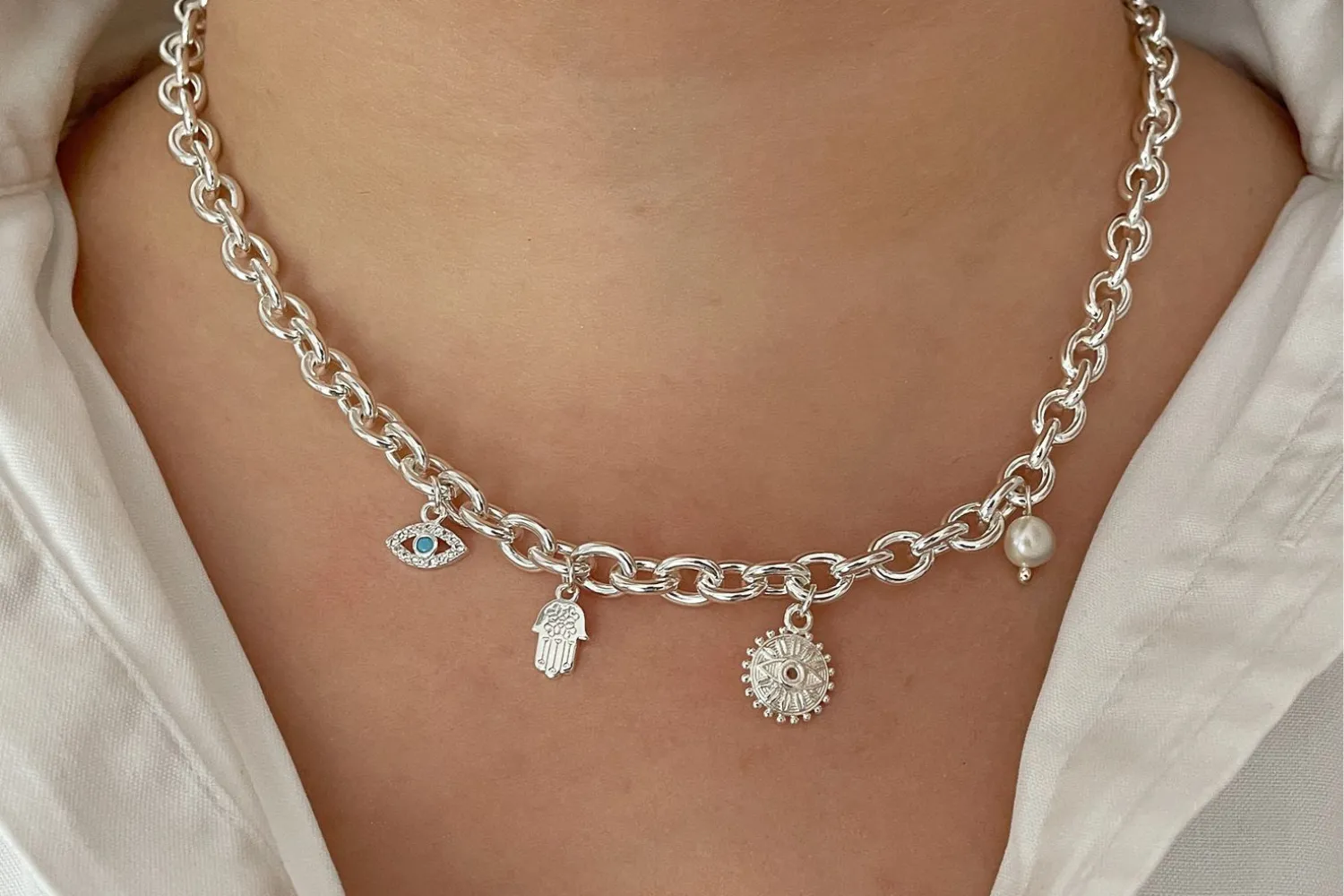 Ersa Silver Chunky Chain Charm Necklace