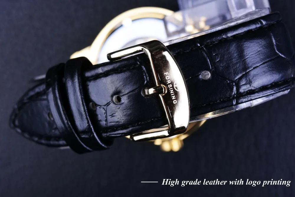 Forsining 3d Logo Design Hollow Engraving Black Gold Case Leather Skeleton Mechanical Watches Men Luxury Brand Heren Horloge