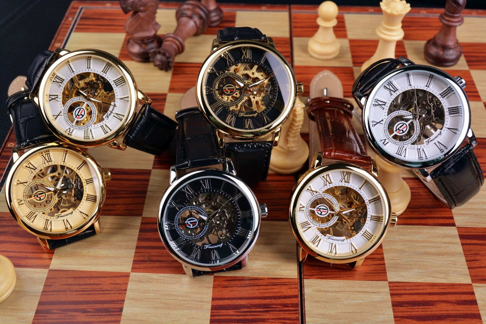 Forsining 3d Logo Design Hollow Engraving Black Gold Case Leather Skeleton Mechanical Watches Men Luxury Brand Heren Horloge