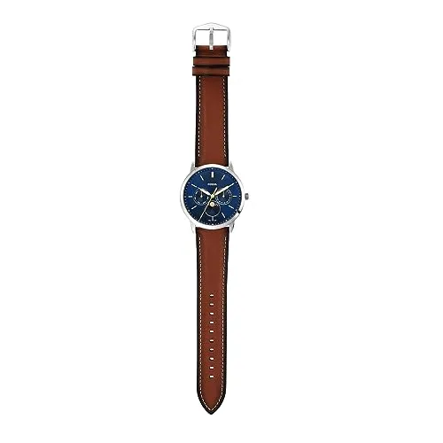 Fossil Men's Neutra Quartz Stainless Steel and Leather Multifunction Moonphase Watch, Color: Silver, Teak (Model: FS5903)