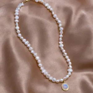 Gold Pearl Necklace Featuring Moonstone Accents