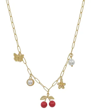  Golden Cherry Charm Necklace with Butterfly & Pearl Accents
