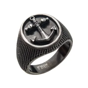 Gunmetal Tone Stainless Steel Antique Finish Anchor Design Skull Signet Ring