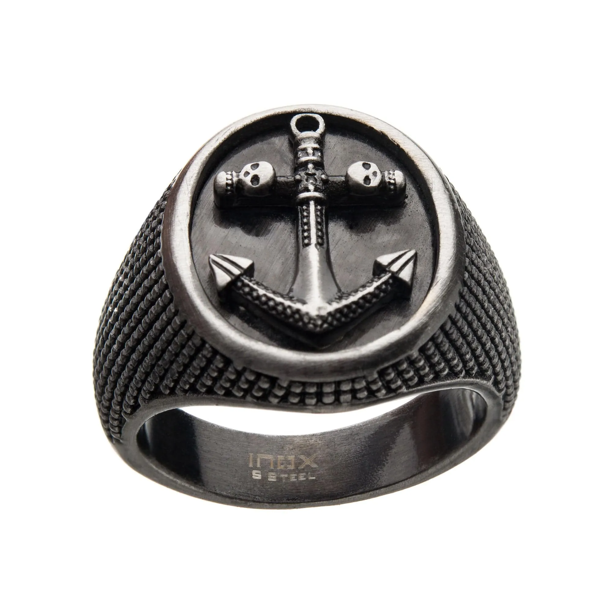 Gunmetal Tone Stainless Steel Antique Finish Anchor Design Skull Signet Ring