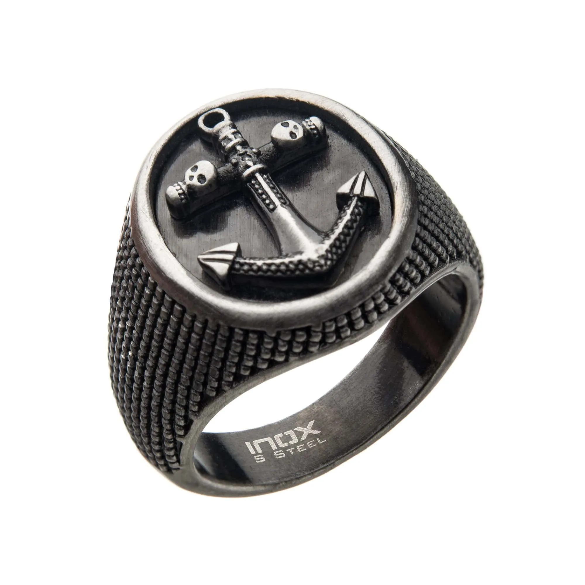 Gunmetal Tone Stainless Steel Antique Finish Anchor Design Skull Signet Ring