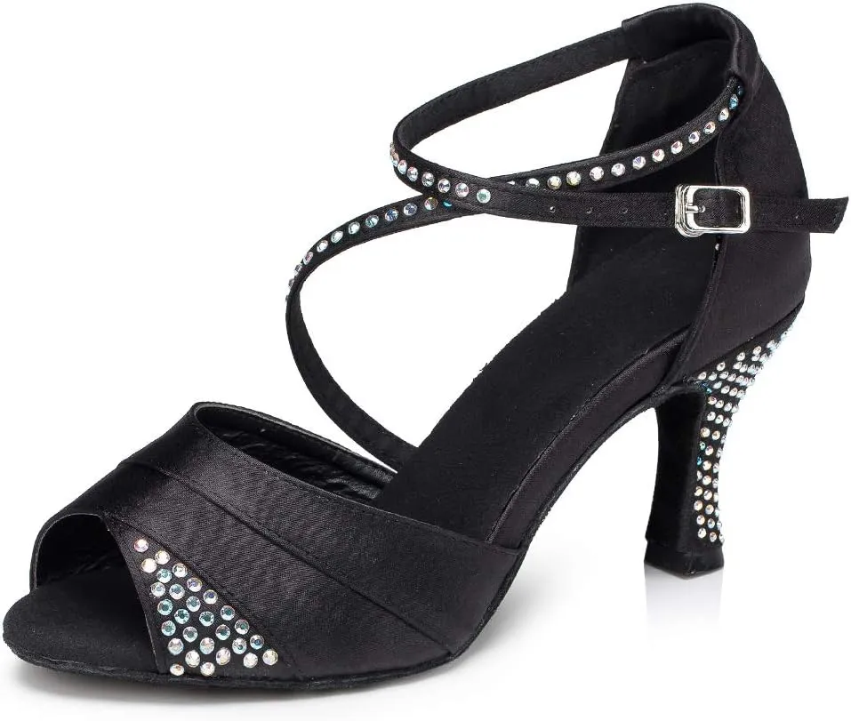 HIPPOSEUS Women Rhinestone Ballroom Dance Shoes Satin Latin Salsa Performance Dance Shoes,Model L066