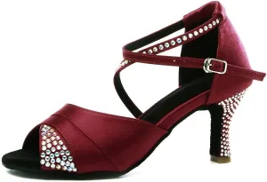 HIPPOSEUS Women Rhinestone Ballroom Dance Shoes Satin Latin Salsa Performance Dance Shoes,Model L066