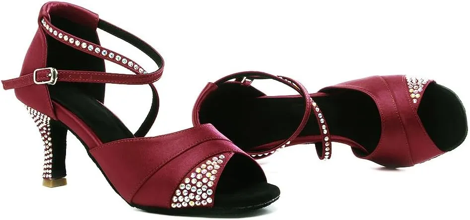 HIPPOSEUS Women Rhinestone Ballroom Dance Shoes Satin Latin Salsa Performance Dance Shoes,Model L066