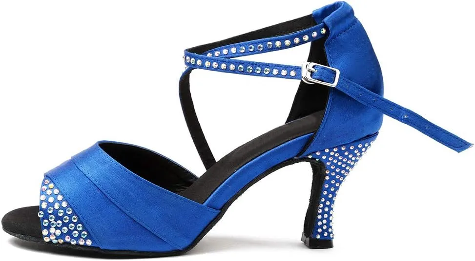 HIPPOSEUS Women Rhinestone Ballroom Dance Shoes Satin Latin Salsa Performance Dance Shoes,Model L066