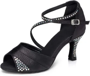 HIPPOSEUS Women Rhinestone Ballroom Dance Shoes Satin Latin Salsa Performance Dance Shoes,Model L066