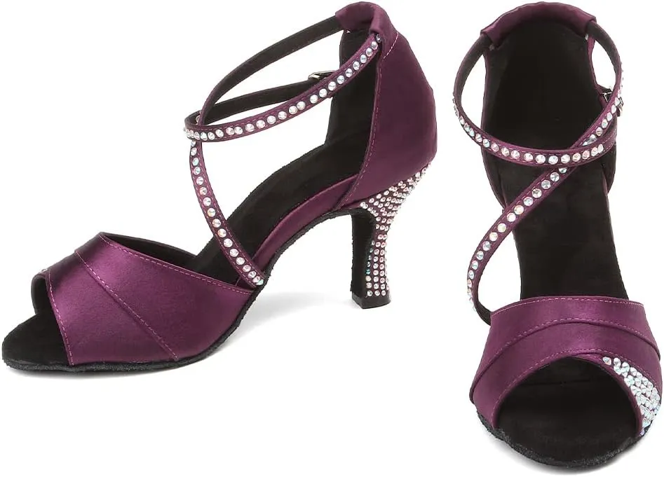 HIPPOSEUS Women Rhinestone Ballroom Dance Shoes Satin Latin Salsa Performance Dance Shoes,Model L066