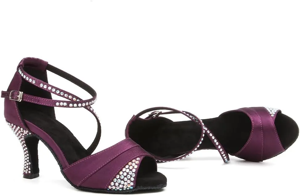 HIPPOSEUS Women Rhinestone Ballroom Dance Shoes Satin Latin Salsa Performance Dance Shoes,Model L066