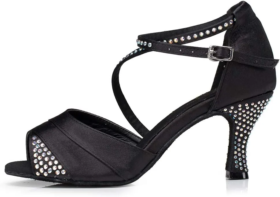 HIPPOSEUS Women Rhinestone Ballroom Dance Shoes Satin Latin Salsa Performance Dance Shoes,Model L066