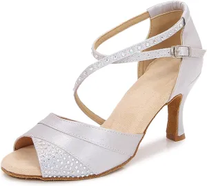 HIPPOSEUS Women Rhinestone Ballroom Dance Shoes Satin Latin Salsa Performance Dance Shoes,Model L066